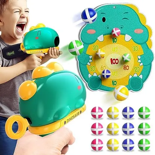 Produktbild: Doloowee Dinosaurier Dartscheibe Schießspielzeug, Wurfspiel Spielzeugpistolen mit Zielscheibe, 12 Klebrigen Bällen, Indoor Outdoor Garten Spielzeug Jungen Mädchen 3 4 5 Jahre alt (Grün)