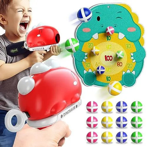Produktbild: Doloowee Dinosaurier Dartscheibe Schießspielzeug, Wurfspiel Spielzeugpistolen mit Zielscheibe, 12 Klebrigen Bällen, Indoor Outdoor Garten Spielzeug Jungen Mädchen 3 4 5 Jahre alt (Rot)