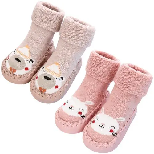 Produktbild: Domee Baby Wintersocken Hüttenschuhe Frottee ABS Socken Baumwolle 2er-Pack Hase Bär 22-23 (Herstellergröße 14)