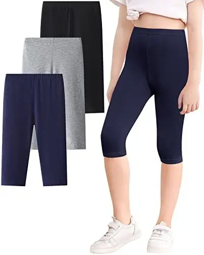 Produktbild: Domee Mädchen 3/4 Leggings Capri Leggings Caprihose Sommer Einfarbig 3er-Pack Schwarz + Marineblau + Hellgrau 128 (Herstellergröße 130)