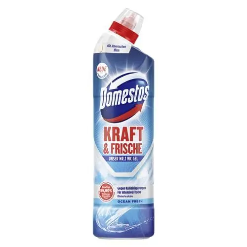 Produktbild: Domestos Kraft & Frische WC Gel Ocean Fresh Reinigungsmittel mit frischem Ocean-Duft für hygienische Sauberkeit 750 ml 1 Stück