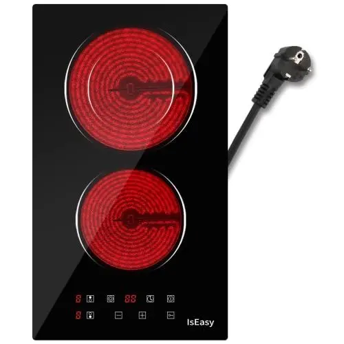 Produktbild: Domino Glaskeramikkochfeld, IsEasy Doppel Glaskeramik Kochfeld mit 9 Leistungsstufen Einstellung, Kindersicherung, Schwarz Polierter Kristallglasoberfläche, 1-99Min Timer, für Alle Töpfe