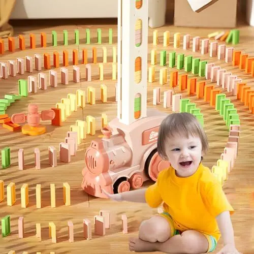 Produktbild: Domino Zug Spielzeug, 60 Stuck Domino Baustein Zug Set, Automatischer Dominosteine Zug Spiel mit Ton, Stapeln Spielzeug,Kreative Kinder Spiele, für Mädchen Jungen ab 3 Jahren