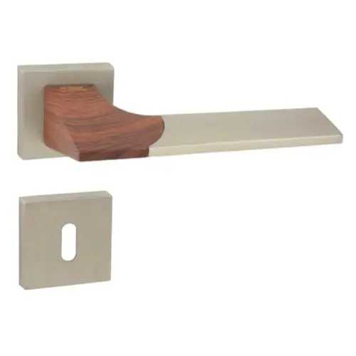 Produktbild: domino Türgriff Drückergarnitur BB-Buntbart Set quadratische Rosette Türklinke für Zimmertür, Bürotür, Kellertür & Innentür Türbeschläge aus Znal Satin Nickel/Wood LIKE QR M91/WOOD