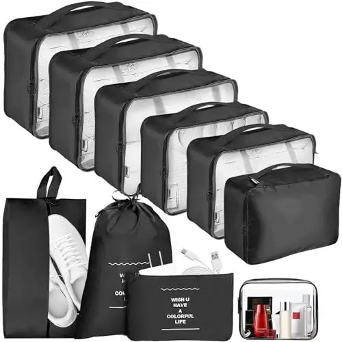 Produktbild: DOMIPHIE Koffer Organizer Packing Cubes für Kleidung - 10 Teiliges Kleidertaschen, Packwürfel Set Reise Würfel, Packtaschen mit Kosmetiktasche, wasserdichte Schuhe Beutel, Travel Essentials (Schwarz)