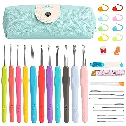 Produktbild: Häkelnadel Set, Domkan 11 Stück häckel set anfänger,crochet set Bunte Ergonomische Soft Gummi Comfort Grip Häkeln Stricken Nadeln Kit Haushalt Werkzeug mit tragbaren Tasche…