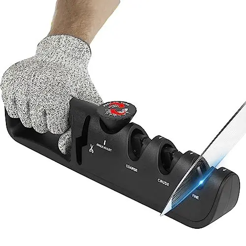 Produktbild: Domkan Messerschärfer, 4-in-1 Manuelle Messerschleifer mit Scherenschleifer, 6 stufig verstellbarem Winkel, für Restaurieren, Polieren, Messer und Scheren.(Schwarz)