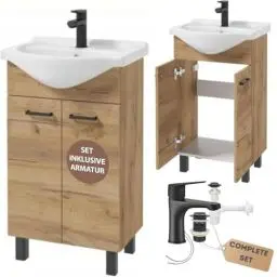 Produktbild: Domodomo Badezimmerschrank mit Waschbecken 85 x 50 x 41 cm Stehender Badezimmerschrank und Unterschrank Eiche 50 cm, Elegantes Set mit Armatur Schwarz Matt, klick-Klack-Stopfen, Siphon