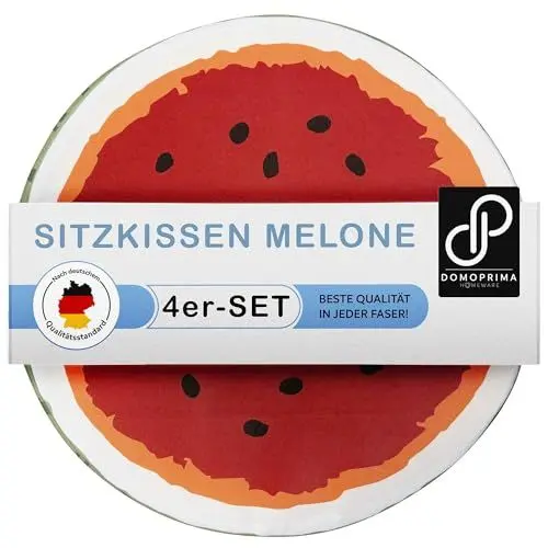 Produktbild: DOMOPRIMA 4er Set Sitzkissen Melone Innen Außen Outdoor Campingkissen Gartenkissen Auflage Sitzpolster Bodenkissen Badekissen Durchmesser 39cm beidsetig nutzbar Outdoorkissen Fruchtkissen Wassermelone