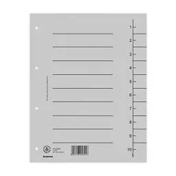 Produktbild: DONAU 8610001-13 100er Pack Trennblätter, Farbe: Grau/ Karton-Register überbreit Aus Recycling-Karton 250 g/qm mit Linienaufdruck für DIN A4 4-Fach Lochung Trennlaschen Trennblätter Ordner Register