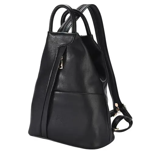 Produktbild: DONBOLSO Damen Rucksack Tasche Umhängetasche Lederimitat 2-in-1 - Ledertaschen Frauen mit verstärktem Boden - Verstellbarer Riemen - Nappa Schwarz