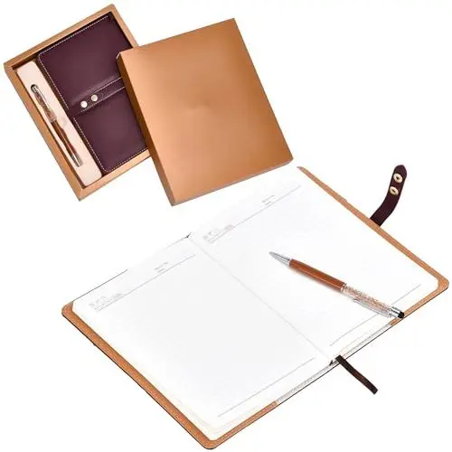Produktbild: DONBOLSO Notizbuch Leder A5 in Geschenkbox - 192 Seiten - Strapazierfähiges Kunstleder-Hardcover mit Doppelknopfverschluss, Kristal Touchscreen-Stift - Ideal für Business - 22x15 cm,Braun