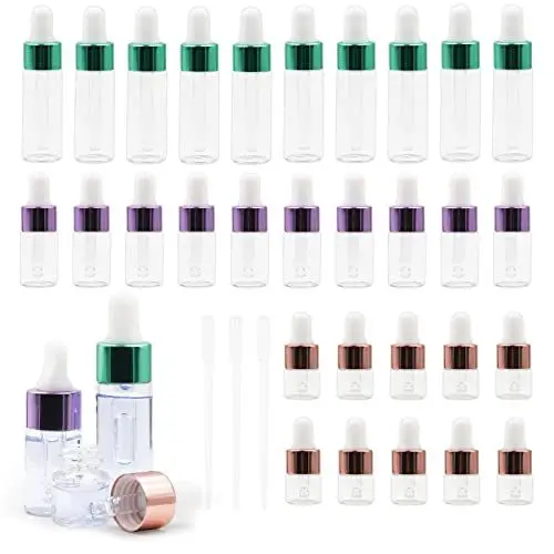 Produktbild: Dondeen 30 Stück Mini Pipettenflasche, 3-verschiedene Volumen-klare Glas-Probe-Tropfenflaschen mit Tropfenpipetten nachfüllbare Probe-Tropfenflasche, für Ätherisches Öl, Duftöl Probe