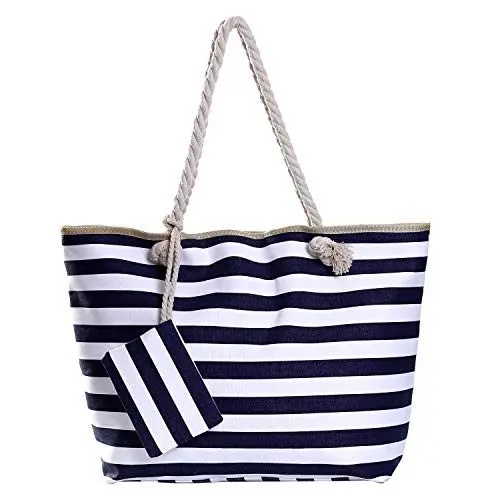 Produktbild: DonDon Strandtasche mit Reißverschluss, Große Strandtasche XXL, Shopper Tasche Damen - Praktische Beach bag Umhängetasche Damen Badetasche für Strand und Meer - gestreift dunkelblau weiß