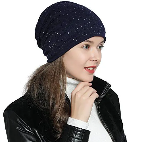 Produktbild: DonDon Damen Mütze Wintermütze Slouch Beanie Silberne Pailletten Nieten dunkelblau