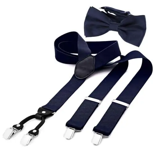 Produktbild: DonDon Herren 3,5 cm breiter Hosenträger in Y-Form elastisch und verstellbar im 2er Set mit farblich passender Fliege 12 x 6 cm
