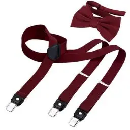 Produktbild: DonDon Hosenträger und Fliege Set für Damen und Herren, Y-Form, 2,5 cm breit, handgefertigt - Elegantes Accessoire für Hochzeit, Party, Smoking, Dunkelrot