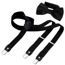 Produktbild: DonDon Hosenträger und Fliege Set für Damen und Herren, Y-Form, 2,5 cm breit, handgefertigt - Elegantes Accessoire für Hochzeit, Party, Smoking, Schwarz