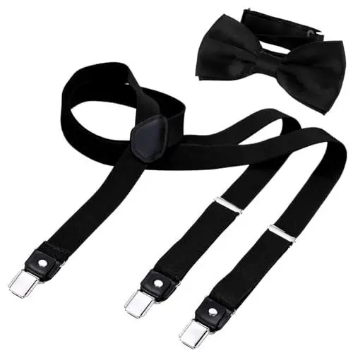 Produktbild: DonDon Hosenträger und Fliege Set für Damen und Herren, Y-Form, 2,5 cm breit, handgefertigt - Elegantes Accessoire für Hochzeit, Party, Smoking, Schwarz
