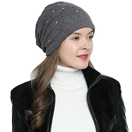 Produktbild: DonDon Mütze Damen Wintermütze Slouch Beanie gefüttert mit schwarzem Strass dunkelgrau