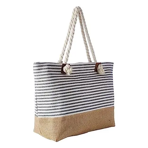 Produktbild: DonDon große Strandtasche XXL mit Reißverschluss - Umhängetasche Damen - große Badetasche für Urlaub vielseitige Shopper Tasche Damen für Strand Urlaub Must Haves Beach bag - Streifen schwarz