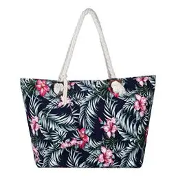 Produktbild: DonDon Strandtasche XXL mit Reißverschluss - Umhängetasche Damen, Shopper Tasche Damen im Beach Look mit Schulterriemen - Urlaub Must Haves Beach bag - Sunshine Flower Navy