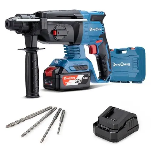Produktbild: DongCheng Akku Bohrhammer 18V, Schlagenergie 2.7 J, mit 4 Stück SDS-plus, Bohren bis 28 mm, Bürstenloser Bohrhammer Motor, Anti-Vibrationsgriff, inkl. 4Ah Akkus und 2A Ladegerät im Handwerkerkoffer