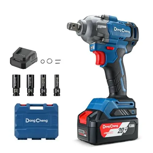 Produktbild: Dong Cheng Akku Schlagschrauber 18V, Bürstenloser Drehschlagschrauber1/2”, 488N.m, 3-Gang-Getriebe, mit 4 Schlagstecknüssen, inkl. 4000mAh Akku und 2A Ladegerät im Heavy-Duty-Tragekoffer