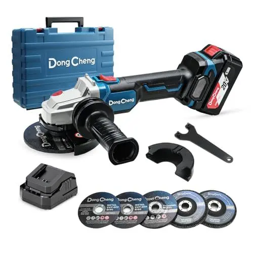 Produktbild: DongCheng Akku Winkelschleifer 18V, Ø125mm, 630W, 33 mm Schnitttiefe, Brushless, Schnellverschlussabdeckung, Anti-Vibrations-Griff, 2 Schleif-, 2 Fächer-, 2 Trennscheiben, inkl. 4.0Ah Akku & Ladegerät
