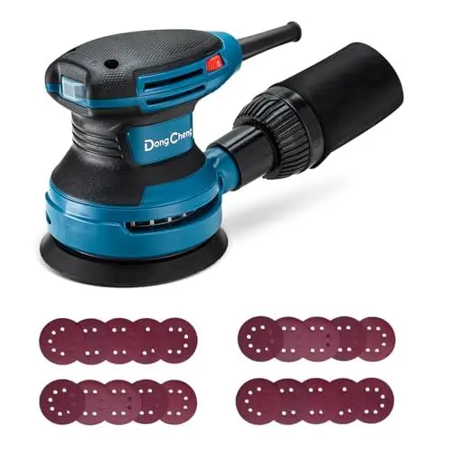Produktbild: DongCheng Exzenterschleifer 380W, 125mm Schleifmaschine, 6 Geschwindigkeiten 8,000-12,800 U/min mit Staubfangbehälter und 20 Schleifpapier, ideal für professionelle Holzbearbeitung und Schleifarbeiten