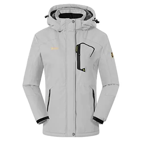 Produktbild: donhobo Damen Softshelljacke Winddicht Wasserabweisende Outdoorjacke Winter Warme Gefüttert Skijacke Wanderjacke mit Kapuze (Hellgrau, XL)