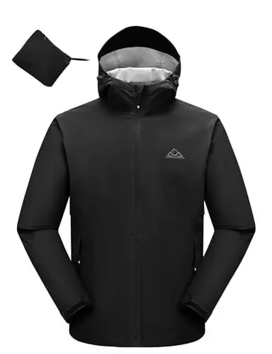 Produktbild: donhobo Regenjacke Herren Wasserdicht Outdoorjacke Leichte Wanderjacke Packbare Windjacke Fahrrad Regenmantel mit Kapuze (Schwarz, M)