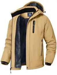 Produktbild: donhobo Herren Skijacke Wasserdicht Winddichte Winterjacke Warme Fleece-Futter Outdoor Übergangsjacke mit Abnehmbarer Kapuze, Khaki, XL