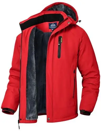 Produktbild: donhobo Herren Winter Skijacke Atmungsaktiv Warm Gefüttert Winterjacke Wasserdichte Winddichte Outdoor Verdickt Funktionsjacke mit Abnehmbarer Kapuze, Rot, L