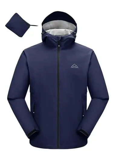 Produktbild: donhobo Outdoorjacke Herren Wasserdicht Leichte Faltbare Regenmantel Atmungsaktiv Fahrrad Regenjacke Sportjacke mit Kapuze (Marine, S)