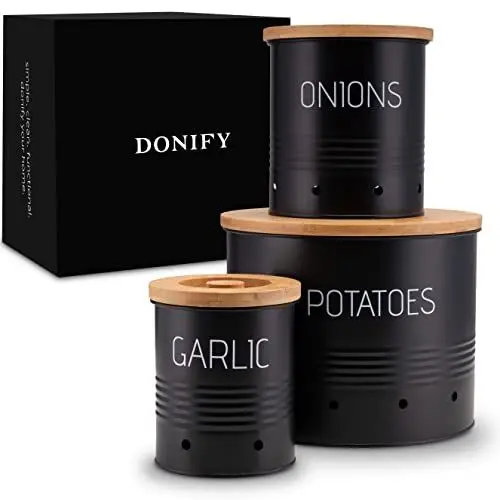 Produktbild: Donify® Vorratsbehälter 3er Set | praktische Aufbewahrung von Kartoffel, Zwiebel und Knoblauch | längere Frische durch raffiniertes Belüftungssystem | Deckel aus nachhaltigem Bambus |