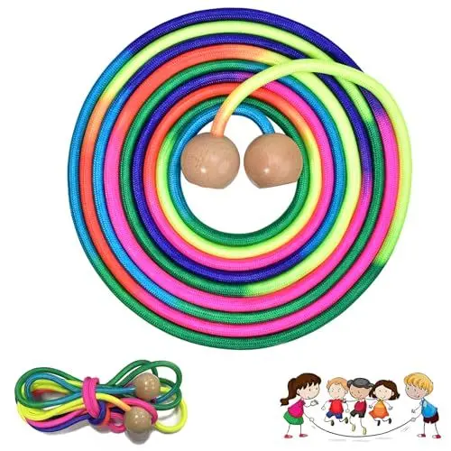 Produktbild: Donluhu Springseil Kinder Mehrspieler, 5 Meter Sprungseil Mehrspringer, Runder Holzgriff, Nylon Regenbogenseil, Weich, Flexibel, Lange, Outdoor Sportgeräte für Kinder 6,7,8,9,10 Jahre
