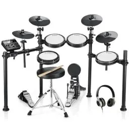 Produktbild: Donner DED200X E Drum Set, E Drums mit leisen Mesh Drum Pads, 2 Becken mit Choke, 31 Kits und über 450 Sounds, Thron, Kopfhörer, Sticks, USB-MIDI, Melodienunterricht (5 Pads, 4 Becken)