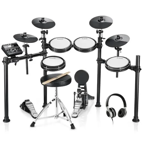 Produktbild: Donner DED200X E Drum Set, E Drums mit leisen Mesh Drum Pads, 2 Becken mit Choke, 31 Kits und über 450 Sounds, Thron, Kopfhörer, Sticks, USB-MIDI, Melodienunterricht (5 Pads, 4 Becken)