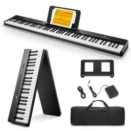 Produktbild: Donner DP-10 Tragbare Klaviertastatur 88 Tasten für Anfänger, Bluetooth faltbare Piano mit 128 Rhythmen, Akkord, Schallplatte, faltbares Digital Piano Bundle mit Pedal, Klaviertasche, Schwarz