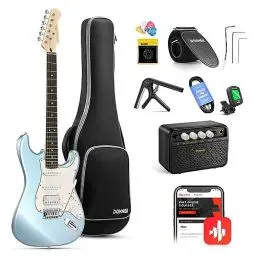 Produktbild: Donner E-Gitarre, DST-152R E Gitarren Set HSS Pickup Coil Split, Elektrische Gitarre Beginner Set mit Verstärker, Tasche, Zubehör, Metallic Eisblau