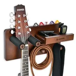 Produktbild: Donner Gitarren Wandhalterung mit Ablage, Gitarrenwandhalter mit Plektrumhalter und 2 Haken, Gitarrenhalter aus Holz für E-Gitarre, Akustikgitarre, Bass, Ukulele, Violine und Gitarrenzubehör
