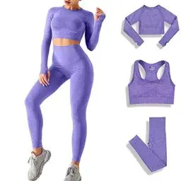 Produktbild: DONYKARRY Damen 3-teiliges Nahtloses Trainingsanzug Yoga Outfit Jogginganzug Set Freizeitanzug（Lila,L）