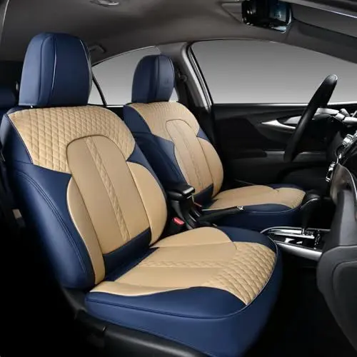 Produktbild: Doogo Kunstleder Leder Auto Sitzbezüge Set für 5 Sitze, Wasserdichter Universal Leder Autositzbezüge, Abnehmbares Sitzschoner Auto für Limousinen SUV Pick-up Van, Airbag-kompatibel, Blau & Beige