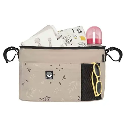 Produktbild: Dooky - Kinderwagen Organizer Deluxe Romantic Leaves Beige - Perfekt für Unterwegs - Kinderwagentasche Baby Zubehör Wickeltasche - Wasserabweisendes Polyester - Beige