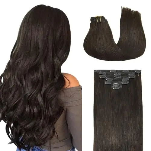 Produktbild: DOORES Clip in Extensions Echthaar, Dunkel Braun 40cm 16 Zoll 7 Stück 120g Remy Menschlich Clips in Haarverlängerung Menschliches Haar Natürliche Echthaar Extensions Dicke Haare