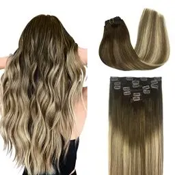 Produktbild: DOORES Clip in Extensions Echthaar, Walnuss Braun bis Ash Braun und Bleach Blonde 30cm 12 Zoll 7 Stück 80g Remy Haarverlängerung Echthaar Clip Natürliche Echthaar Extensions Dicke Haare