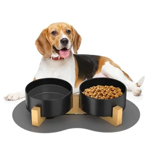 Produktbild: Doppel 850ml Hundenapf Keramik Futternapf Fressnapf Hund Erhöht Futterschüssel mit Bambus Ständer und rutschfestem Matte für mittelgroße und große Hunde Futter- und Wassernapf (Schwarz)