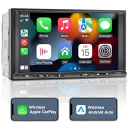 Produktbild: Doppel Din Radio Android mit Wireless CarPlay & Wireless Android Auto, Autoradio mit Navi 7 Zoll Bildschirm, Auto Radio Touch Display mit Bluetooth, AM/FM/RDS, AUX/SWC…