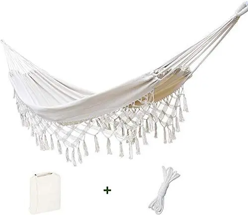 Produktbild: Doppel-Hängematte für Hause drinnen und draußen Boho Hängematte Makramee Hängematte groß Baumwolle weich für Zwei Personen Terrasse Hinterhof Veranda Rasen und Garten Weiß, Traglast:200kg